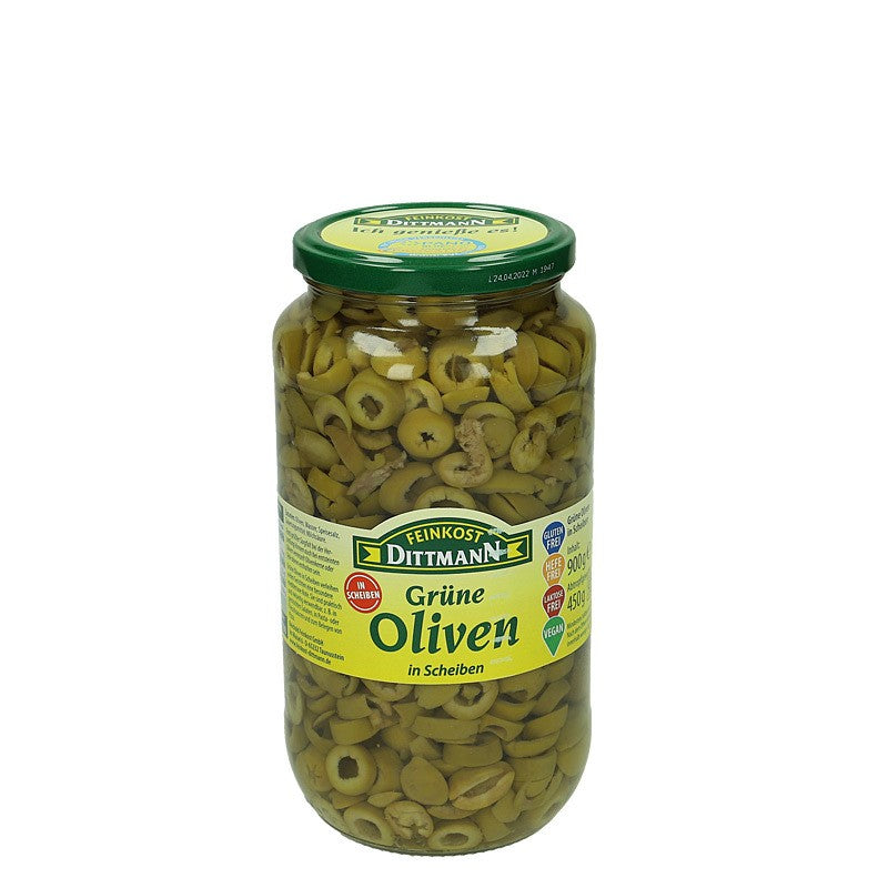 Dittmann Grüne Oliven in Scheiben 935ml Glas, 450g