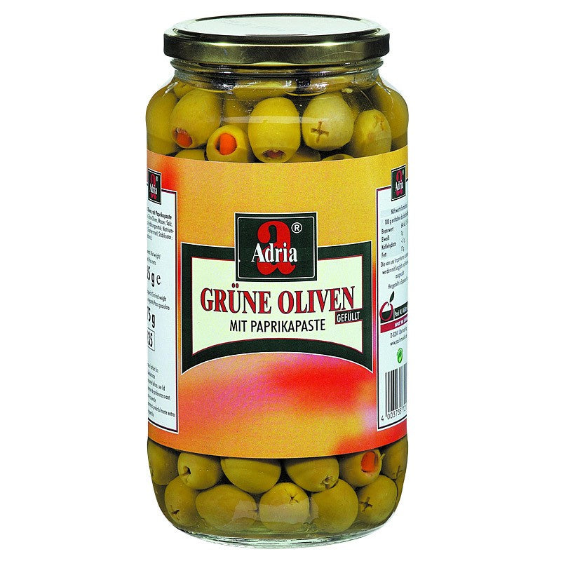 Adria Grüne Oliven mit Paprikastreifen 935ml Glas, 575g