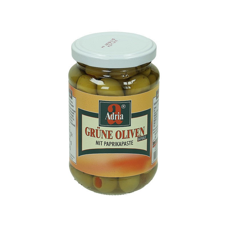 Adria Grüne Oliven mit Paprikasteifen 370ml Glas, 200g