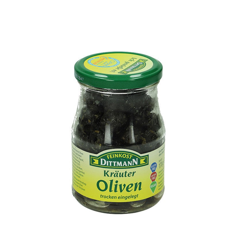 Dittmann Schwarze Kräuter Oliven trocken eingelegt 370ml Glas, 170g