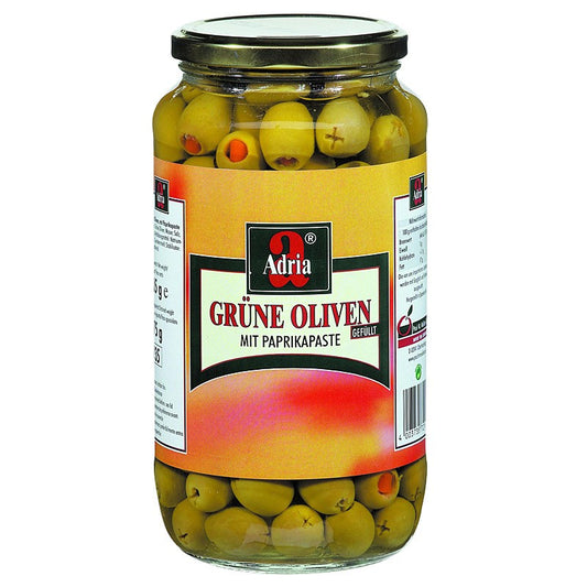 Adria Grüne Oliven mit Paprikastreifen 935ml Glas, 575g