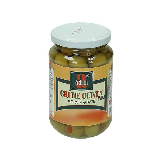 Adria Grüne Oliven mit Paprikasteifen 370ml Glas, 200g